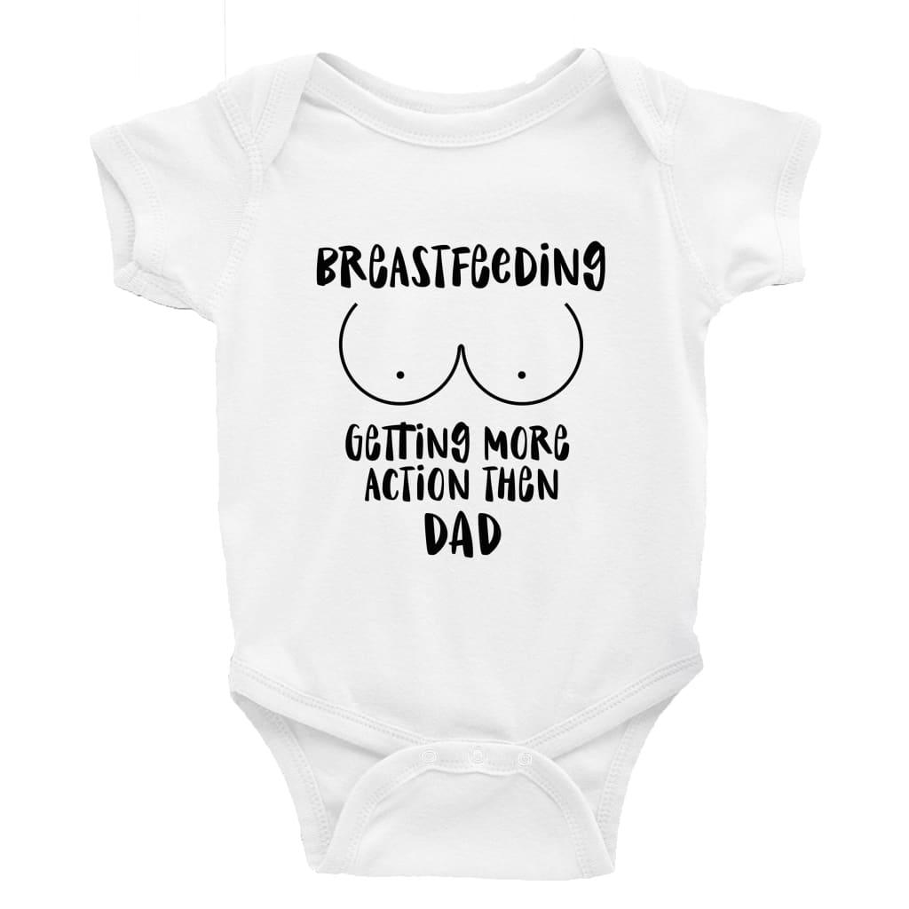 Breastfeeding getting more action than dad DTF Printing UK unisex onesie Funny baby bodysuit cheeky baby outfit new parent baby shower gift breastfeeding clothing