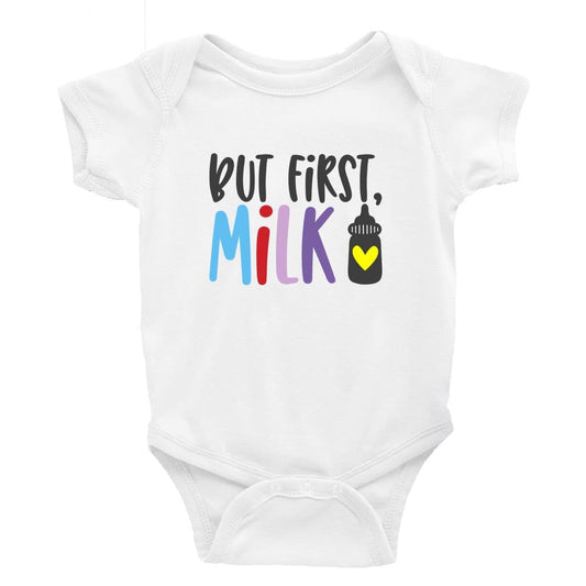 But first Milk - DTF Printing UK - Baby Bodysuit DTF Printing UK Cheeky by Design Baby bodysuit funny cheeky trending breastfeeding Baby shower gift